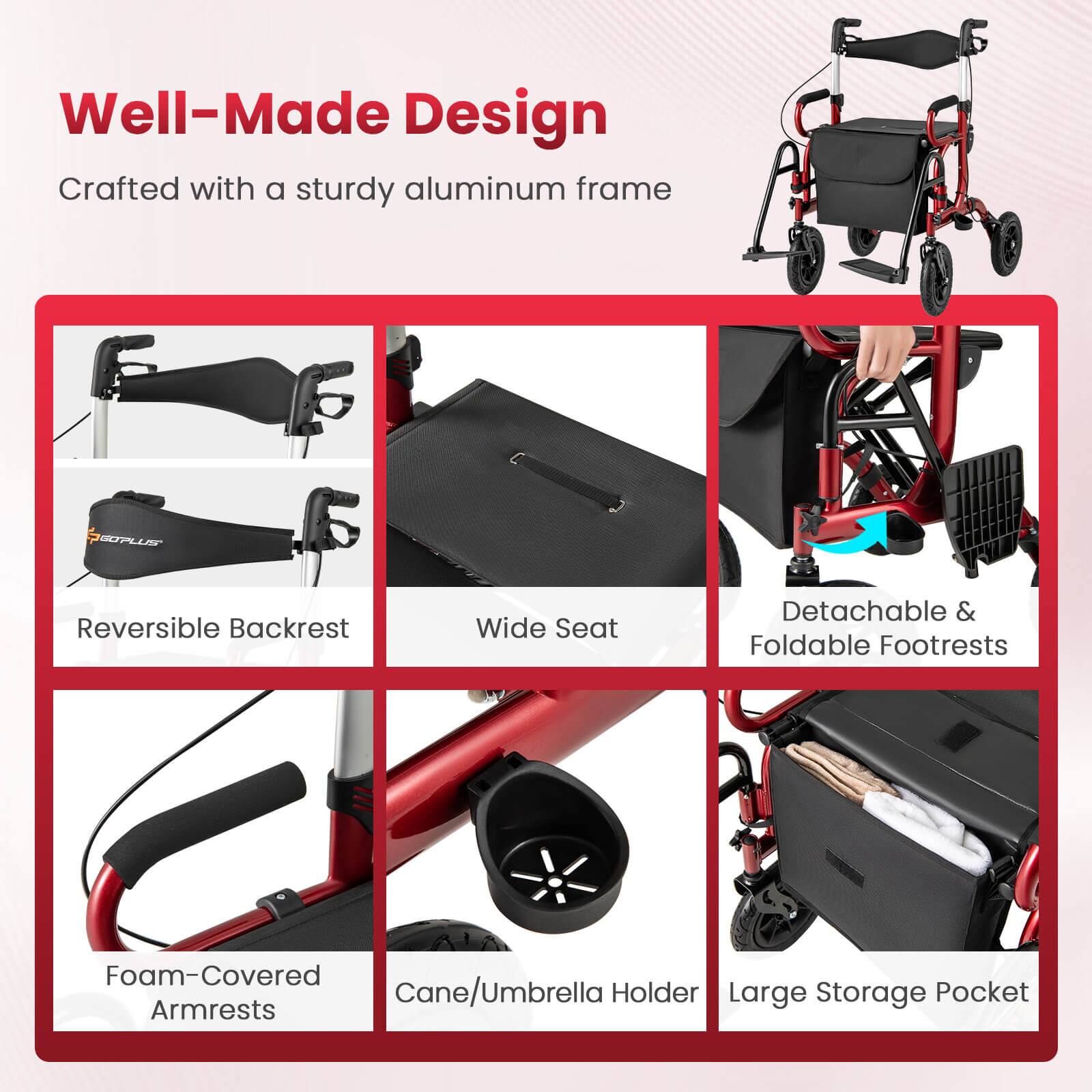 Well-Made Design, Crafted with a sturdy aluminum frame, Reversible Backrest, Wide Seat, Detachable & Foldable Footrests, Foam-Covered Armrests, Cane/Umbrella Holder, Large Storage Pocket