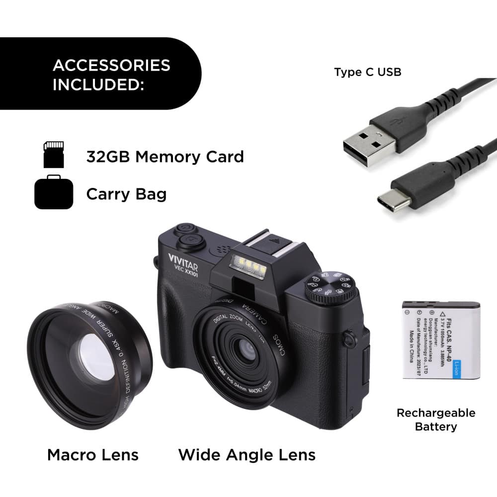 ACCESSORIES INCLUDED: Type C USB 32GB Memory Card Carry Bag VIVITAR VEC XX3I a0 SUPER 0.45X o DEFINITION HW G DIGITAL Z00M CAMERA LEAS UnT CMOS I I 1 0mtt MACRO & WIDE ANGLE LENS