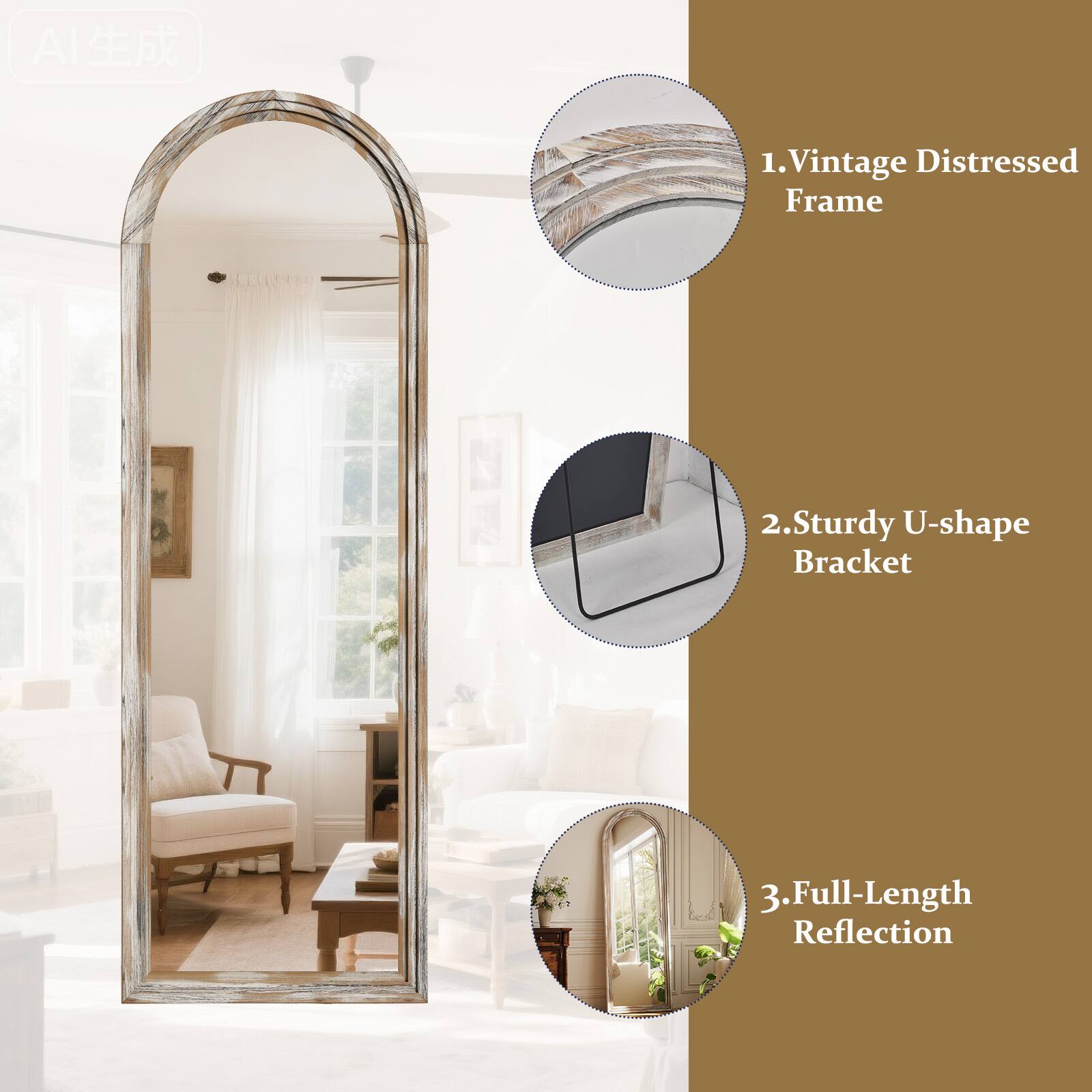 1. Vintage Distressed Frame  
2. Sturdy U-shape Bracket  
3. Full-Length Reflection