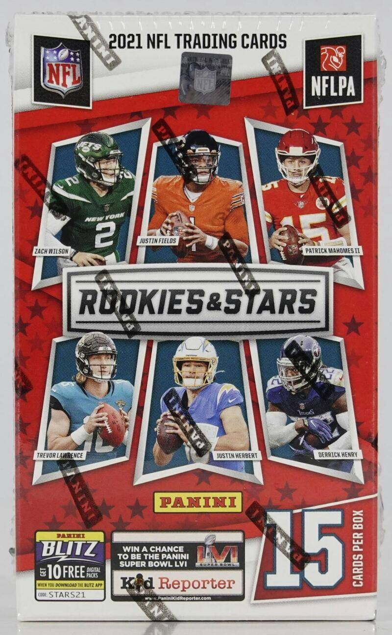 2021 NFL TRADING CARDS  
NFLPA  
ROOKIES & STARS  

ZACH WILSON  
JUSTIN FIELDS  
PATRICK MAHOMES II  
TREVOR LAWRENCE  
JUSTIN HERBERT  
DERRICK HENRY  

PANINI  
15 CARDS PER BOX  

WIN A CHANCE TO BE THE PANINI SUPER BOWL LVI SUPER BOWL LVI  

BLITZ  
10 FREE DIGITAL PACKS WHEN YOU DOWNLOAD THE BLITZ APP  
CODE: STARS21  

www.PaniniKidReporter.com