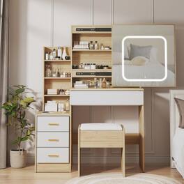 GARVEE - Vanity Desk with Mirror and LED Lights, Makeup Desk with Sliding Mirror, Power Outlet, 4 Drawers, Shelves, Stool - Beige