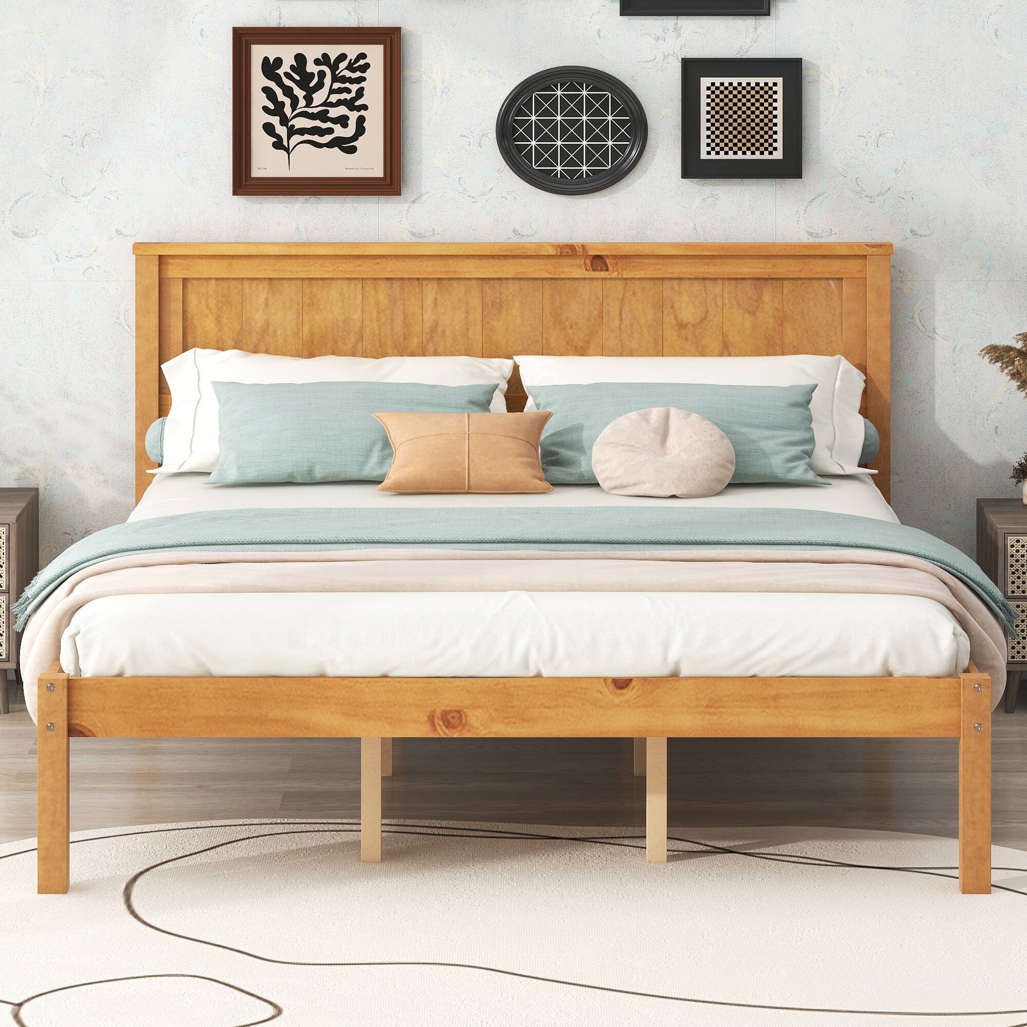Angle. Whisen - Platform Bed Frame with Headboard, Wood Slat Support, No Box Spring Needed - Oak.
