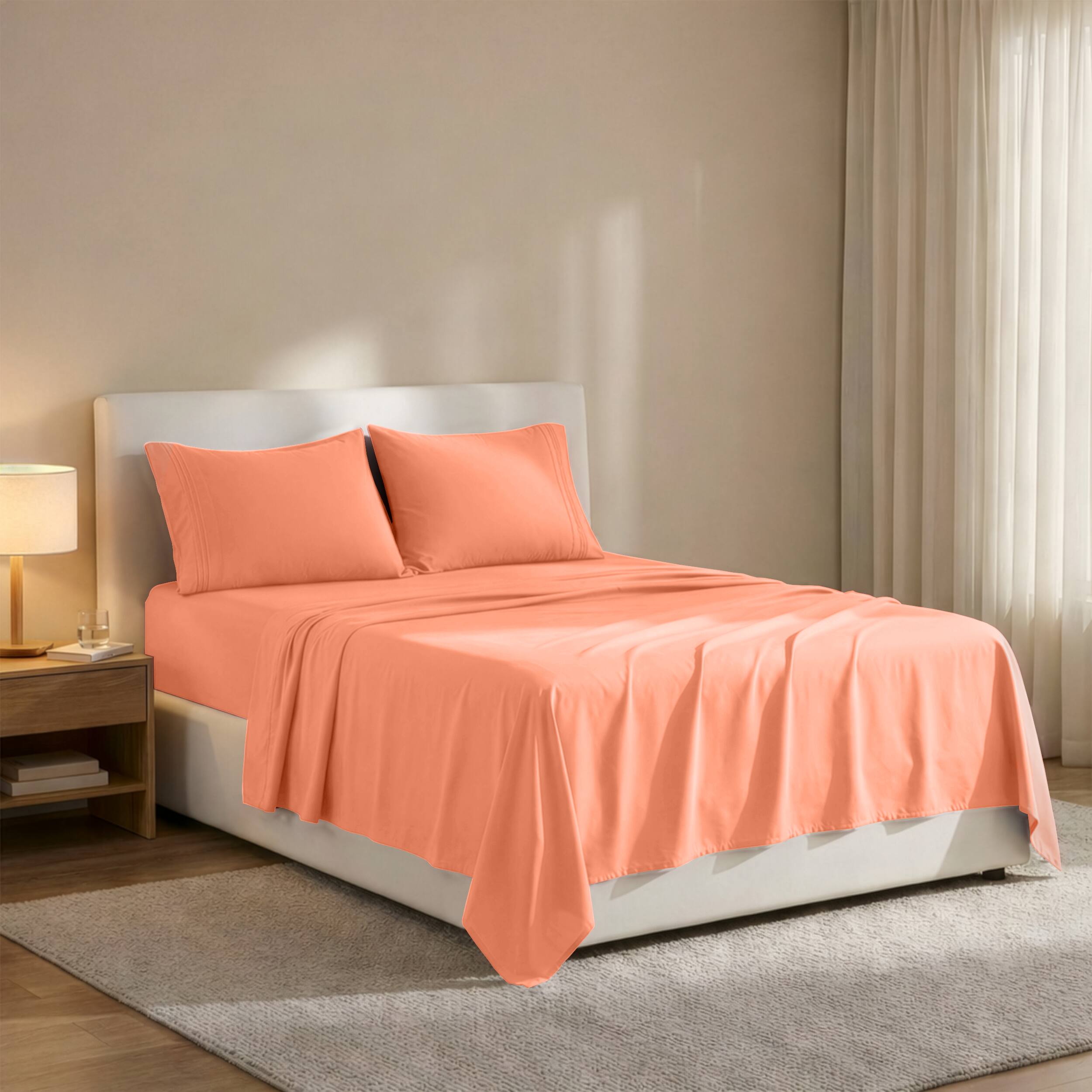 Angle. Lux Decor Collection - 4-Piece Queen Bed Sheet Set, Ultra Soft Microfiber, Deep Pocket, Wrinkle-Resistant, Hypoallergenic, All-Season Comfort - Coral.