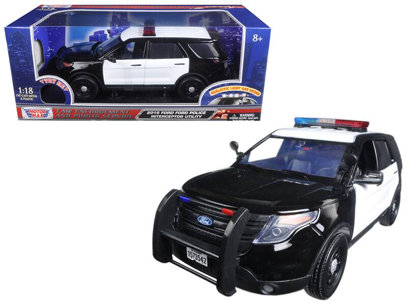Motormax - 2015 Ford Police Interceptor Utility with Flashing Light Bar and Front and Rear Lights and 2 Sounds 1/18 - Black And White