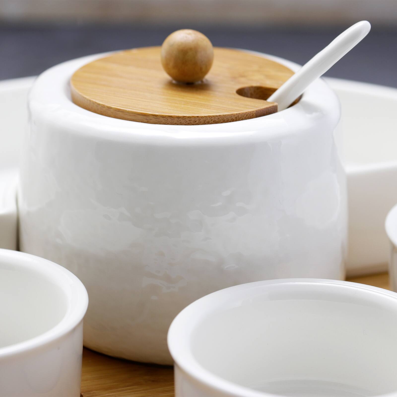 Angle. Elama - Elama 8 Piece Appetizer Serving Set with 4 Serving Dishes, Center Condiment Server, Spoon, and Bamboo Serving Tray - Brown.