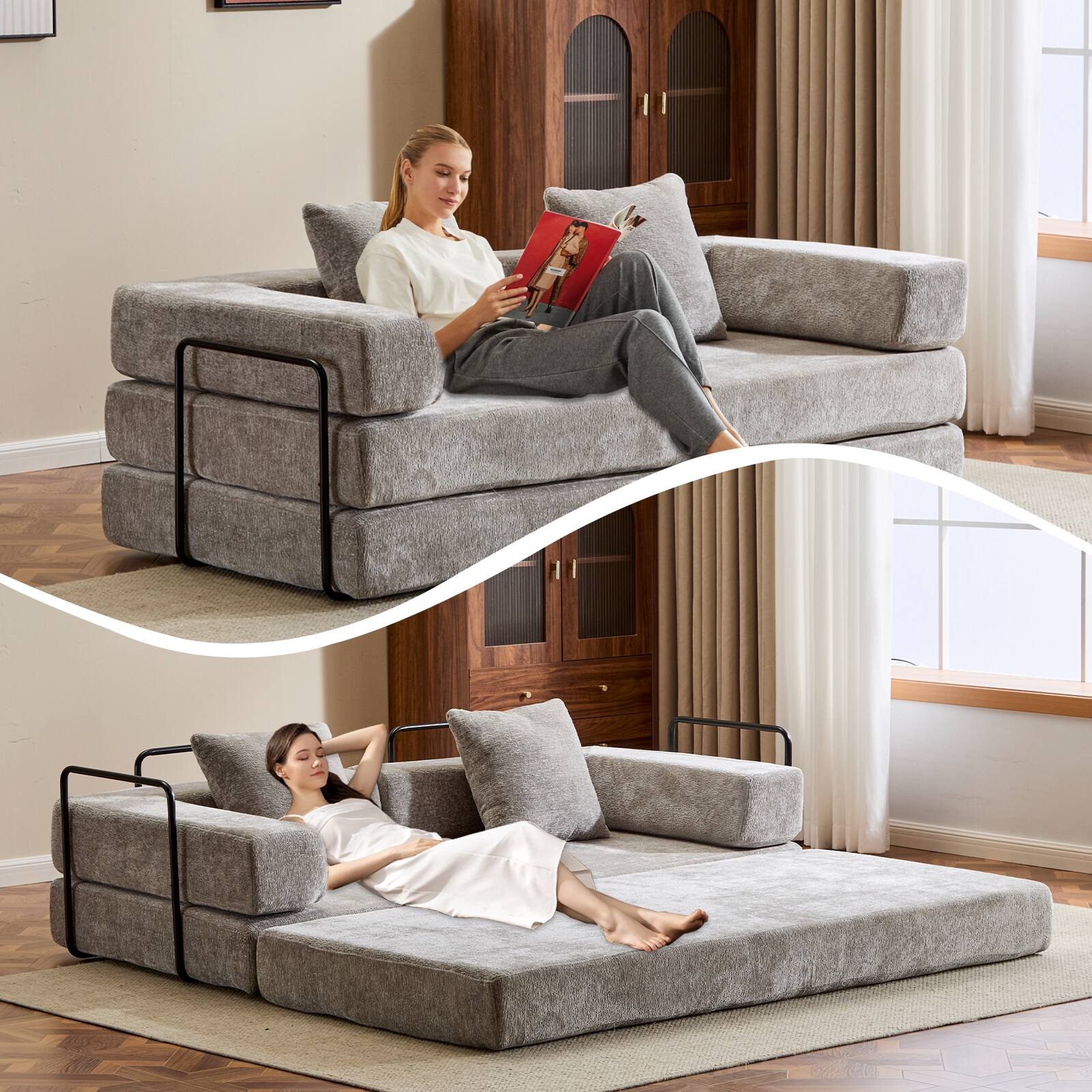 Alt View 3. GOODSILO - Convertible Floor Sofa Bed - Futon Couch Lounge Sleeper with Pillow Back Support & Armrests - Light Grey.