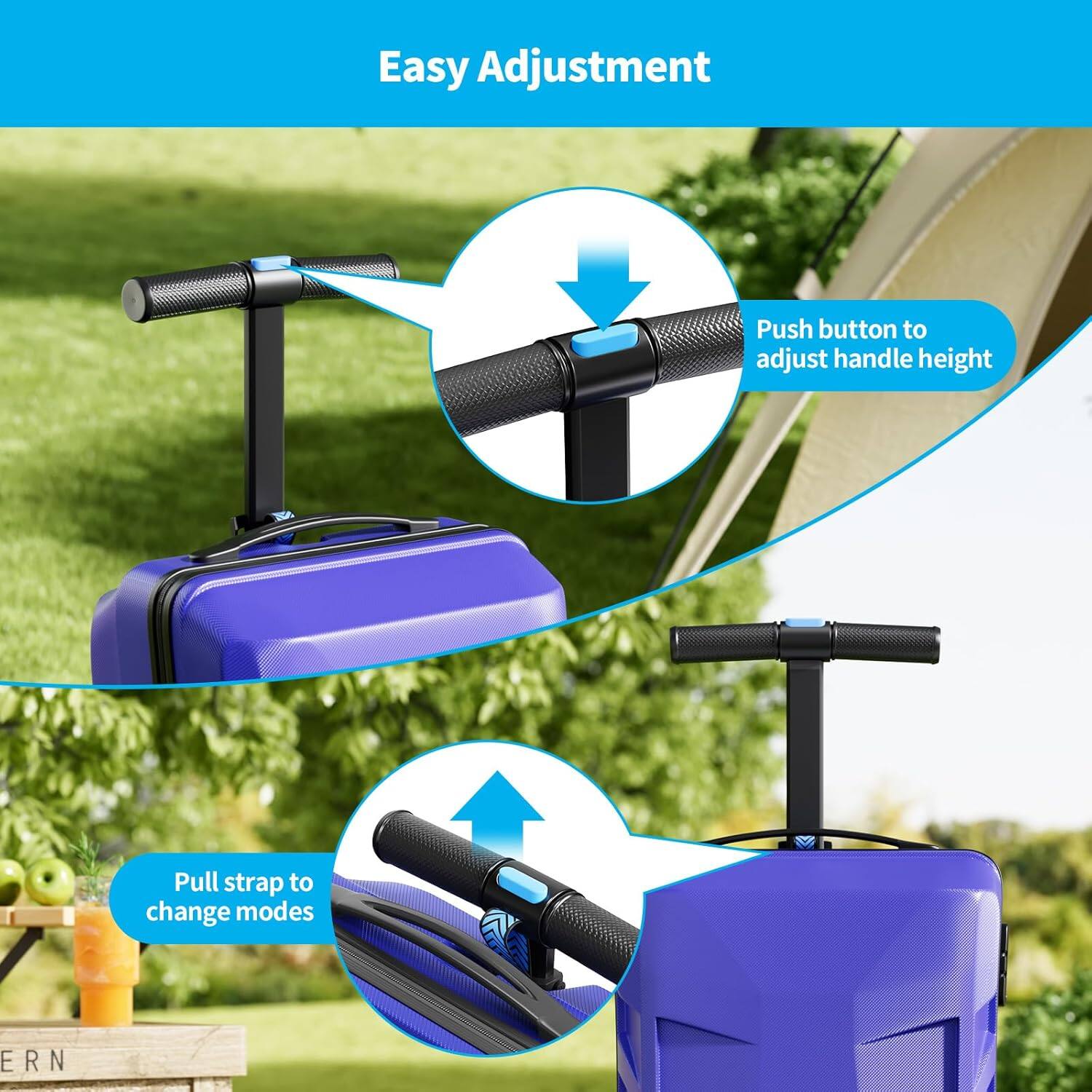 Easy Adjustment

Push button to adjust handle height

Pull strap to change modes