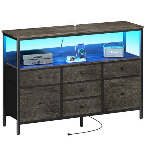 Hirose Alice - Led Tv Stand For Bedroom 50 Inch Dresser With Power Outlets 7 Drawers Entertainment Center Storage Shelf Stand - Charcoal Gray