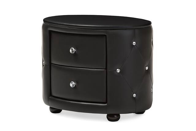 Front. Baxton Studio - Davina Hollywood Glamour Style Oval 2-drawer Faux Leather Upholstered Nightstand - Black.