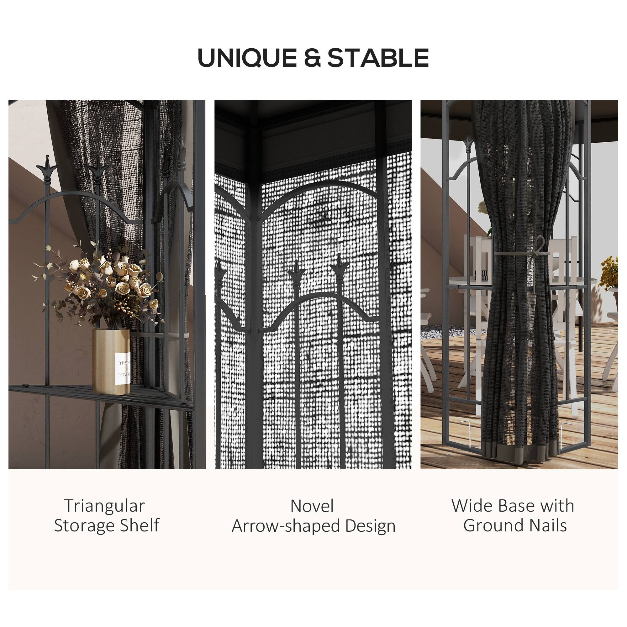 UNIQUE & STABLE

1. Triangular Storage Shelf
2. Novel Arrow-shaped Design
3. Wide Base with Ground Nails