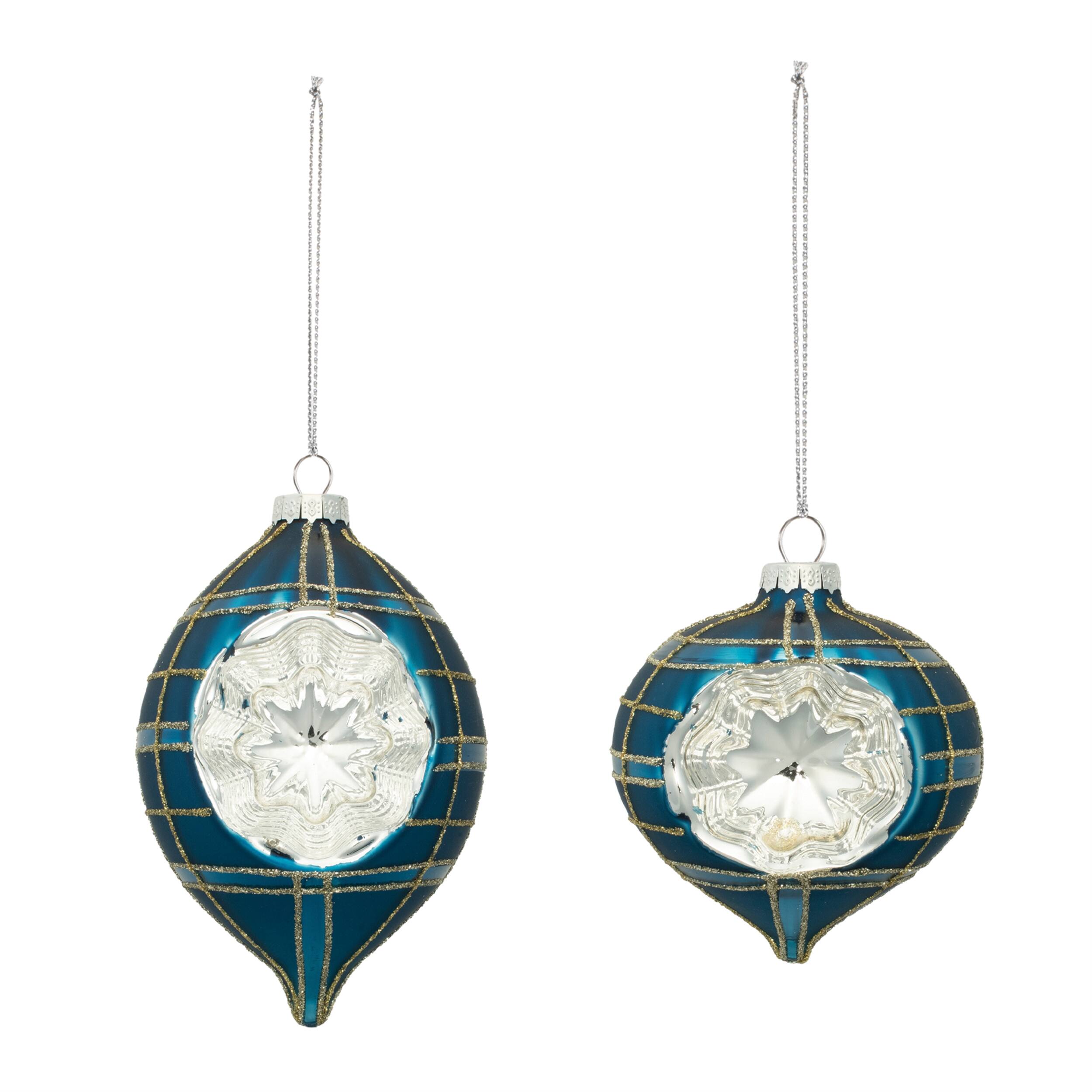 Angle. BreeBe - Plaid Glass Reflector Ornament (Set of 12) - Green.