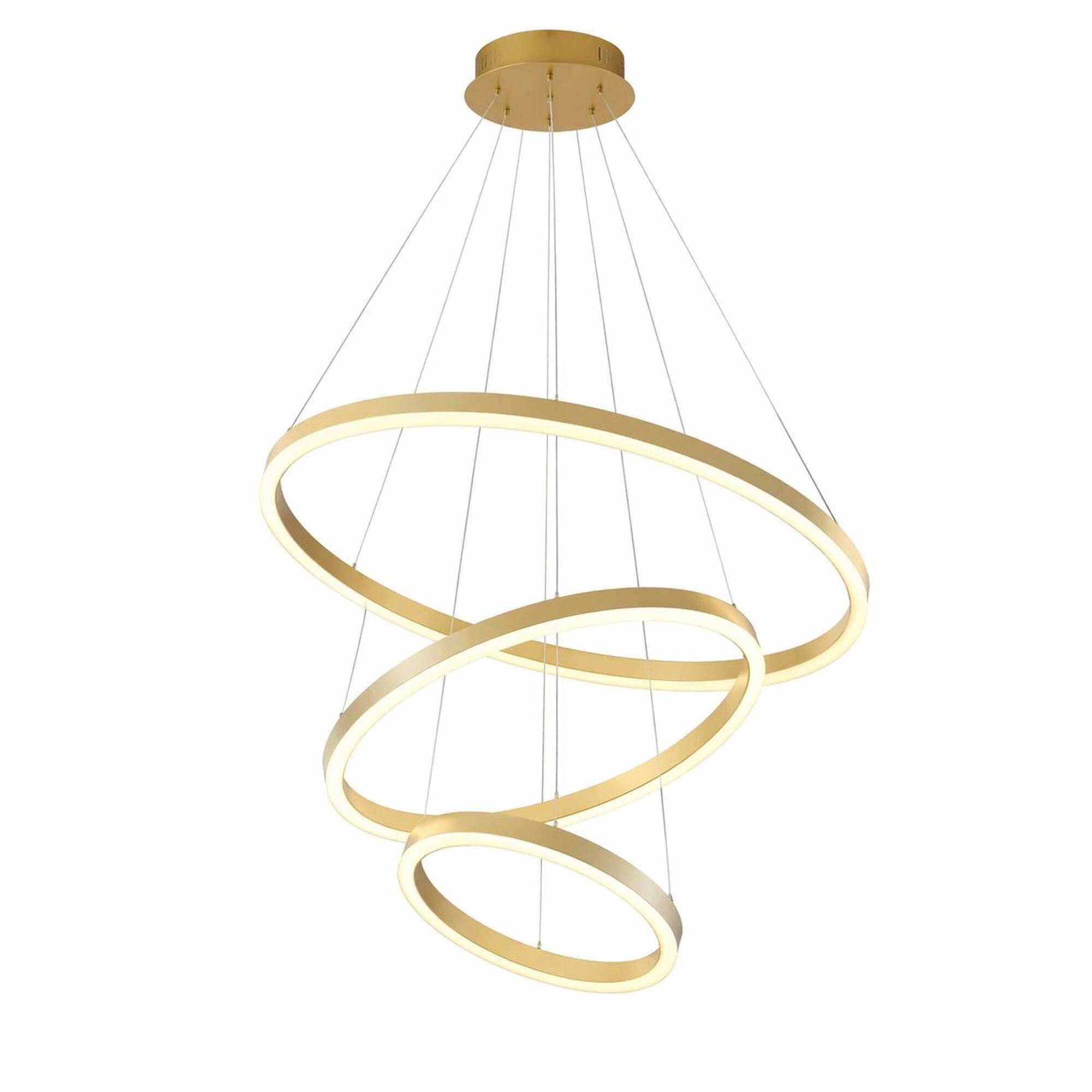 Front. RYHNUYNE - Modern Gold LED Chandelier with Three Interlocking Rings, Dimmable Remote Control, Adjustable Height Pendant Light.