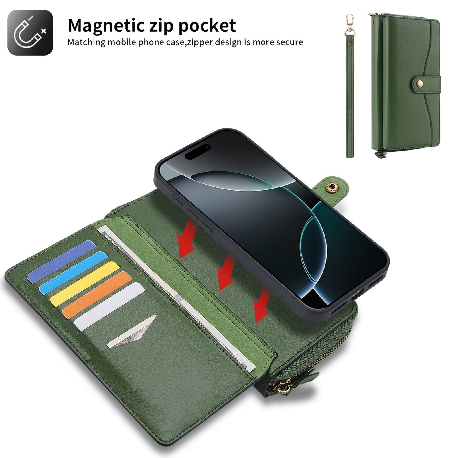 Magnetic zip pocket  
Matching mobile phone case, zipper design is more secure