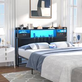 Aheaplus - Upholstered Bookcase Headboard with Storage Drawers, RGB LED Light & Charging Station for Bedroom/Dorm/Guest Room - Black
