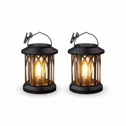 Front. FINEAK - 6.18" 2 Pack Hanging Solar Lanterns - Waterproof Outdoor Patio Decor with Clip - Black.