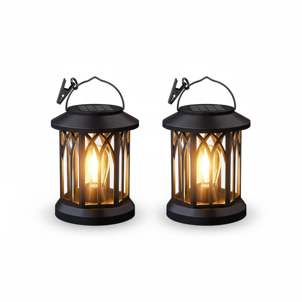 Front. FINEAK - 6.18" 2 Pack Hanging Solar Lanterns - Waterproof Outdoor Patio Decor with Clip - Black.