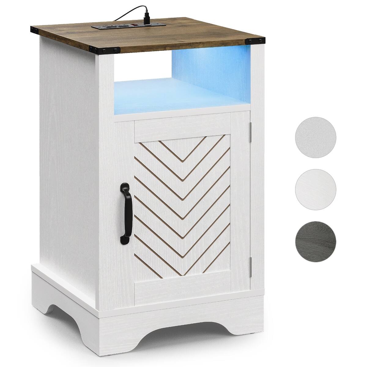 Alt View 4. Loheer - Loheer LED Nightstand with Charging Station, Farmhouse Wooden Bedside Table, White and Rustic Oak - Rustic White.