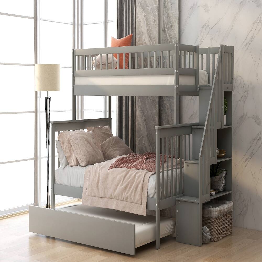Left. Loheer - Loheer Twin Over Full Bunk Bed with Trundle and Staircase Gray - Gray.