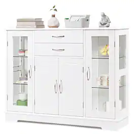 Costway - Buffet Storage Cabinet Console Cupboard W/Glass Door Drawers Kitchen Dining Room - White
