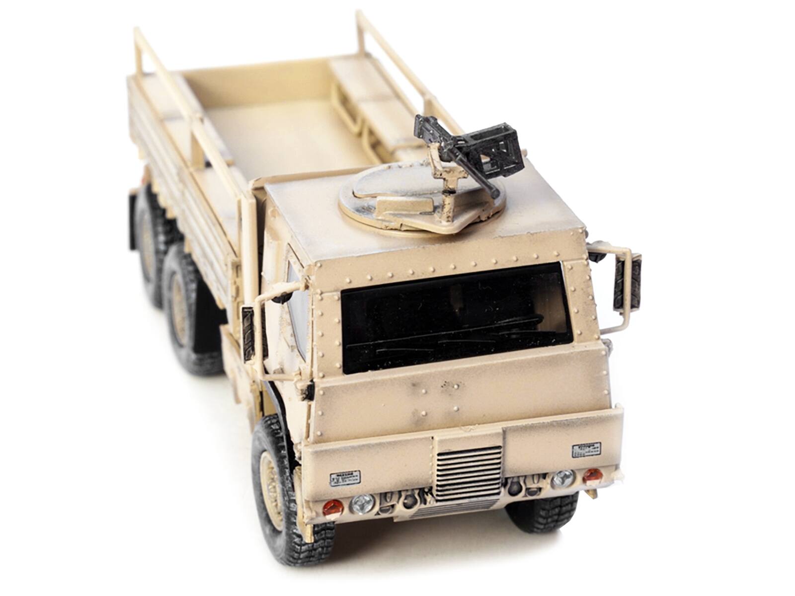 Left. Panzerkampf - M1083 Armored Cab Cargo Truck with Turret in Desert Camo US Army Armor Premium Series Medium Tactical Vehicle 1/72 - Brown.