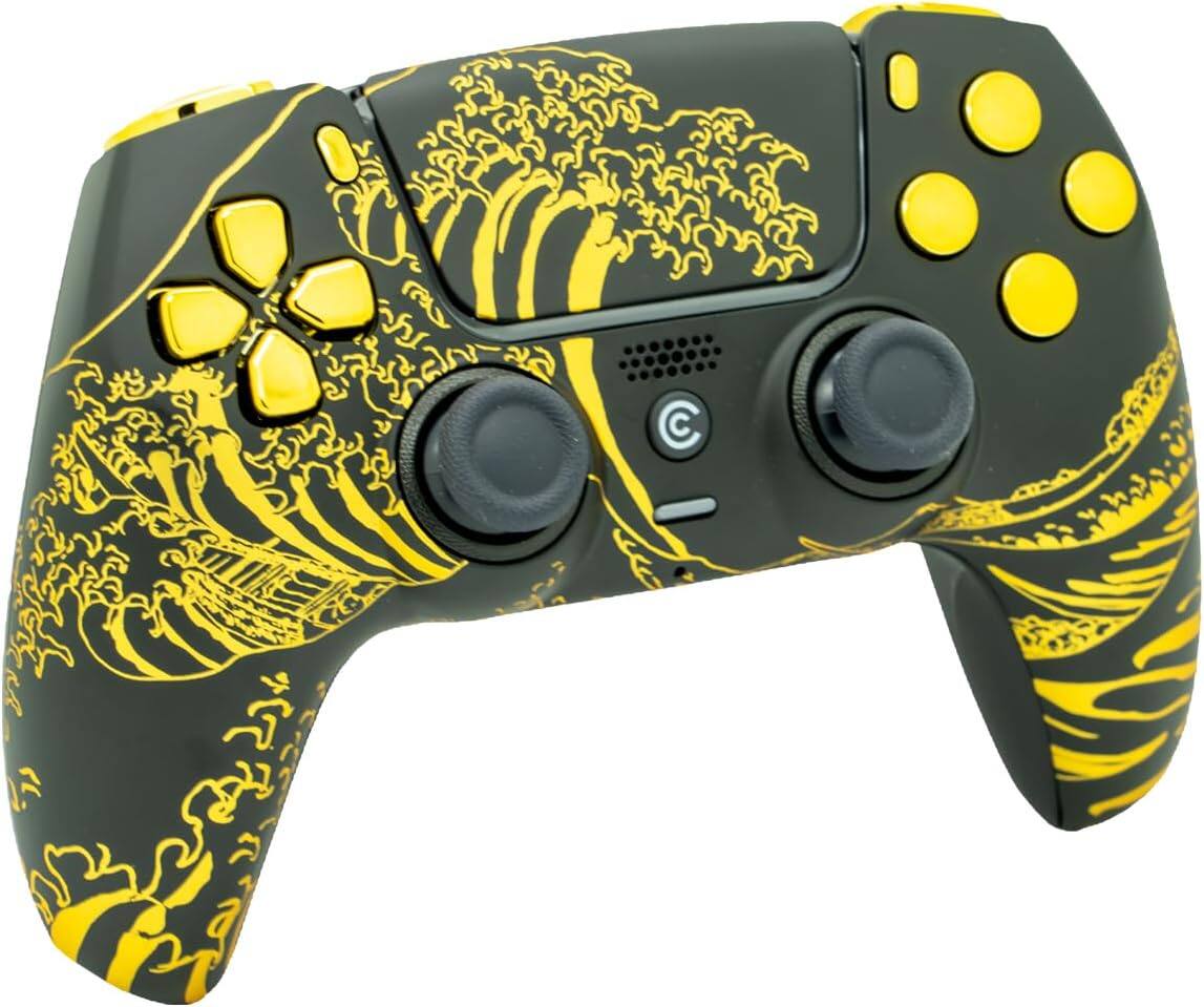 Left. Custom Controllerzz - Custom Wireless Controller for PS5 - Golden Waves & Gold Chrome Inserts.