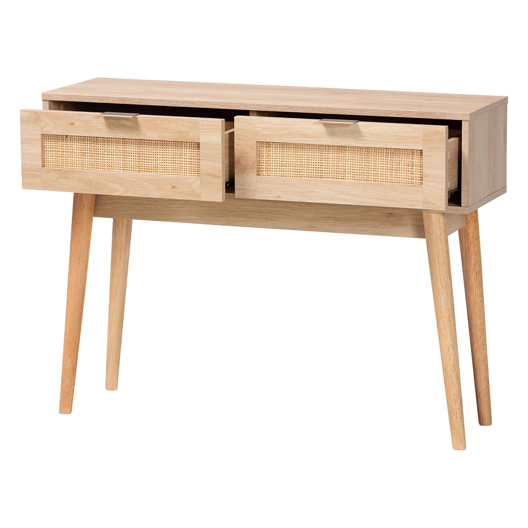 Angle. Baxton Studio - Baird Mid-Century Modern Light Finished Wood and Rattan 2-Drawer Console Table - Oak Brown.