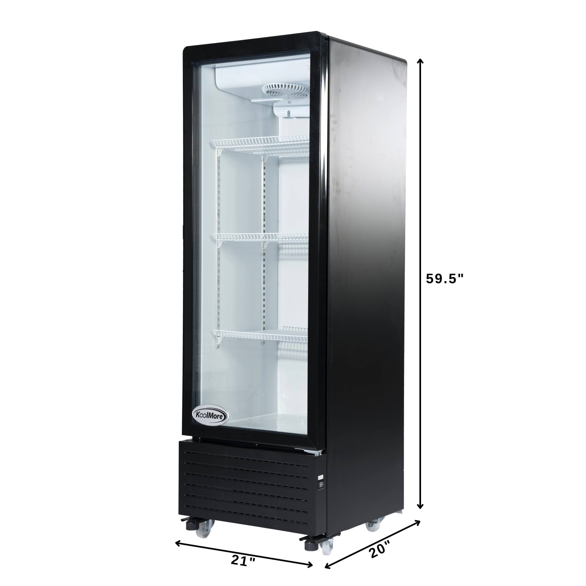 The image shows a black and white refrigerator with a height of 59.5 inches. The refrigerator has a width of 21 inches and a depth of 20 inches. The refrigerator is empty, with no visible items inside.