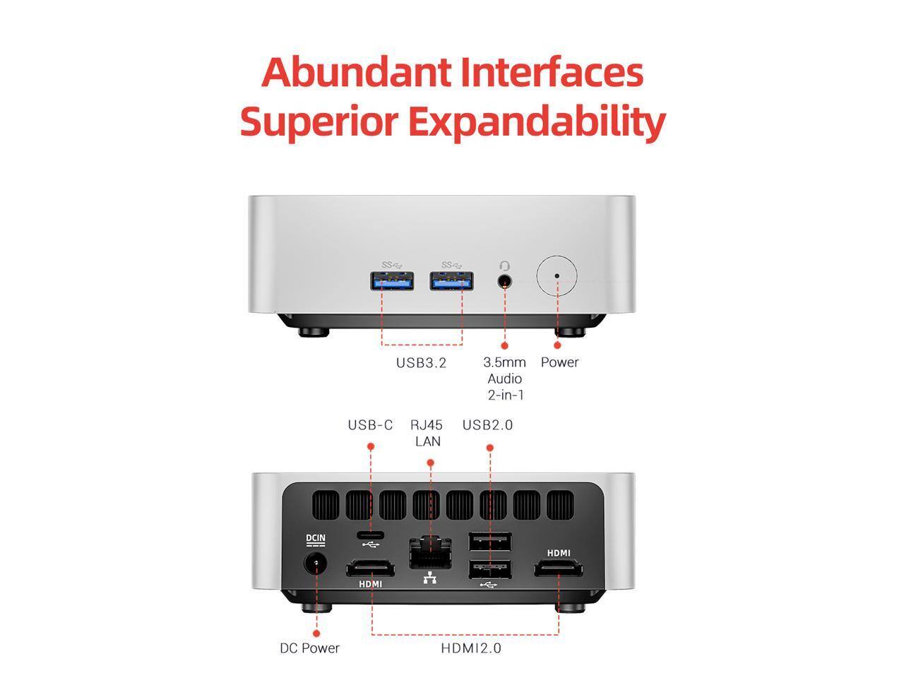 Abundant Interfaces Superior Expandability

USB3.2
3.5mm Power Audio 2-in-1
USB-C RJ45 USB2.0 LAN
DCIN
HDMI
HDMI
DC Power
HDMI2.0