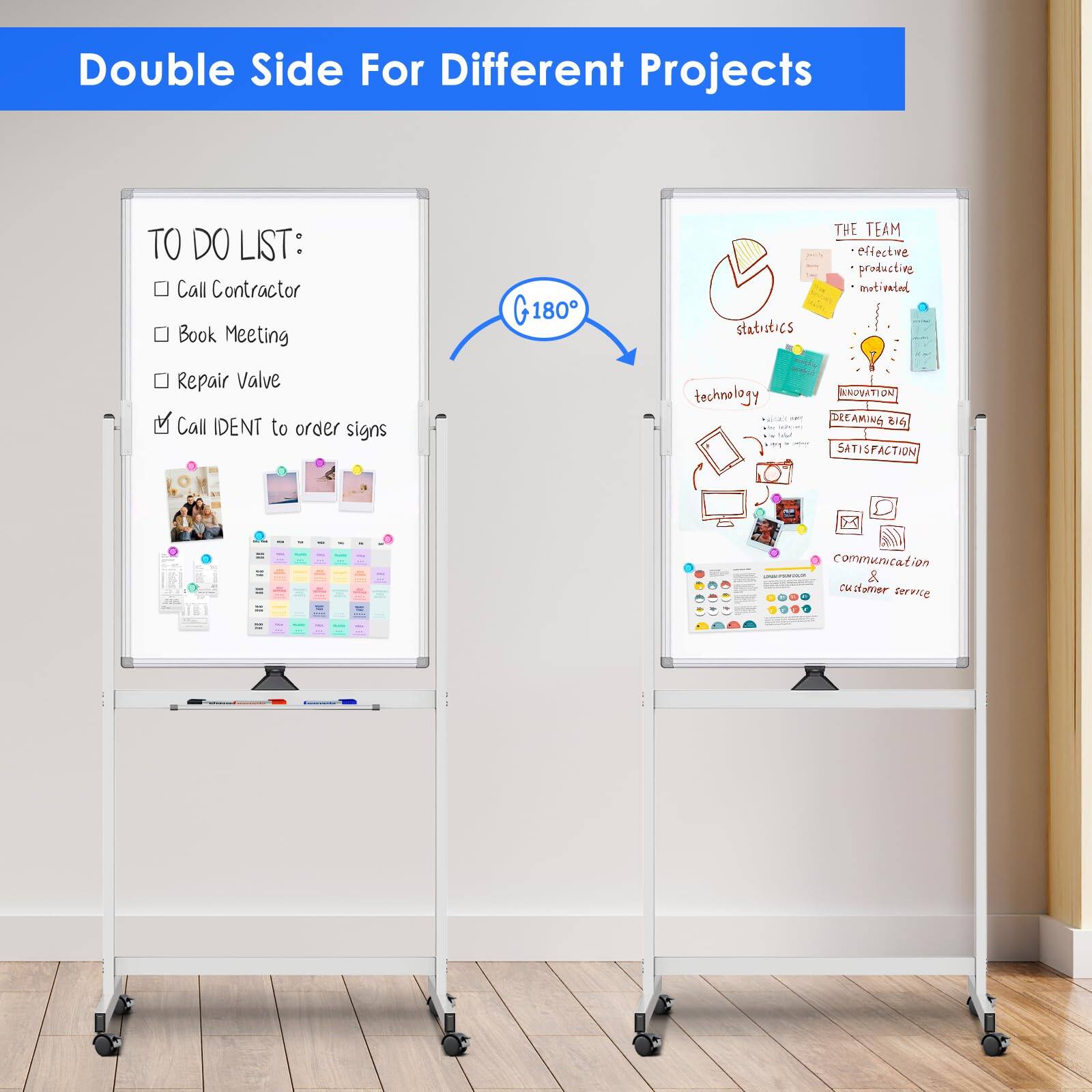 Double Side For Different Projects

TO DO LIST:
- Call Contractor
- Book Meeting
- Repair Valve
- Call IDENT to order signs

THE TEAM
- effective
- productive
- motivated

statistics

technology

INNOVATION

DREAMING BIG

SATISFACTION

communication & customer service