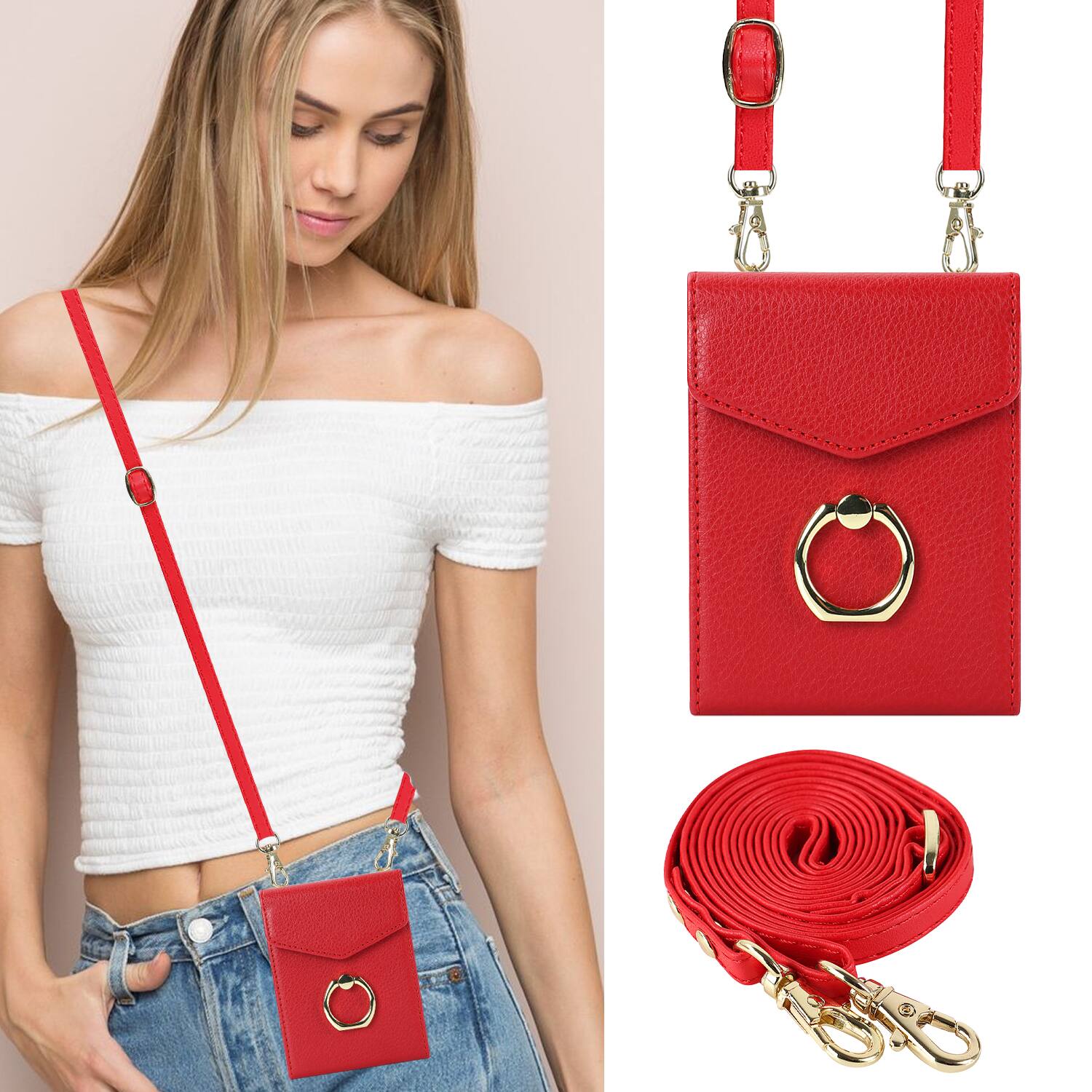 Angle. Dteck - Wallet Case for Samsung Galaxy Z Flip7, Crossbody Ring Stand Faux Leather Cover with RFID Blocking Card Holder+Strap - Red.