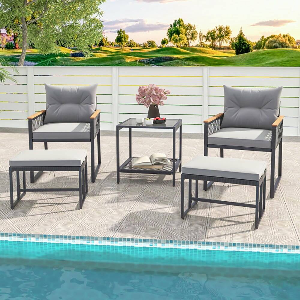 Angle. Pefilos - 5 Pieces PE Rattan Conversation Set with 2-Layer Side Table and 2 Ottomans, Armchairs and Ottomans for Outdoor - Gray.