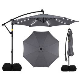 Costway - 10 FT Solar Offset Hanging Umbrella Patio Cantilever Umbrella with 32 LED Lights - Gray