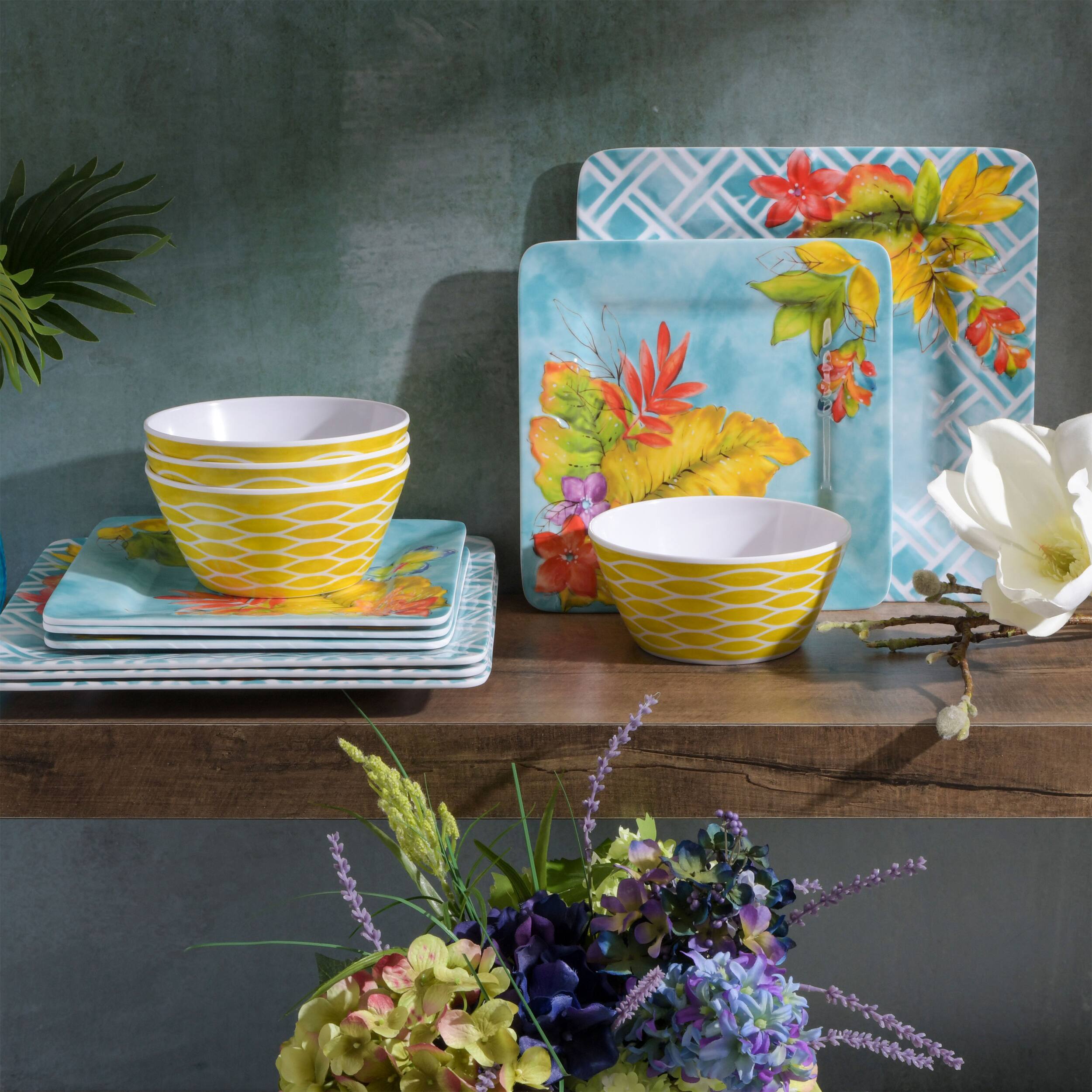 Alt View 8. Laurie Gates - Laurie Gates Tropicalla 12 Piece Square Melamine Dinnerware Set - Blue.
