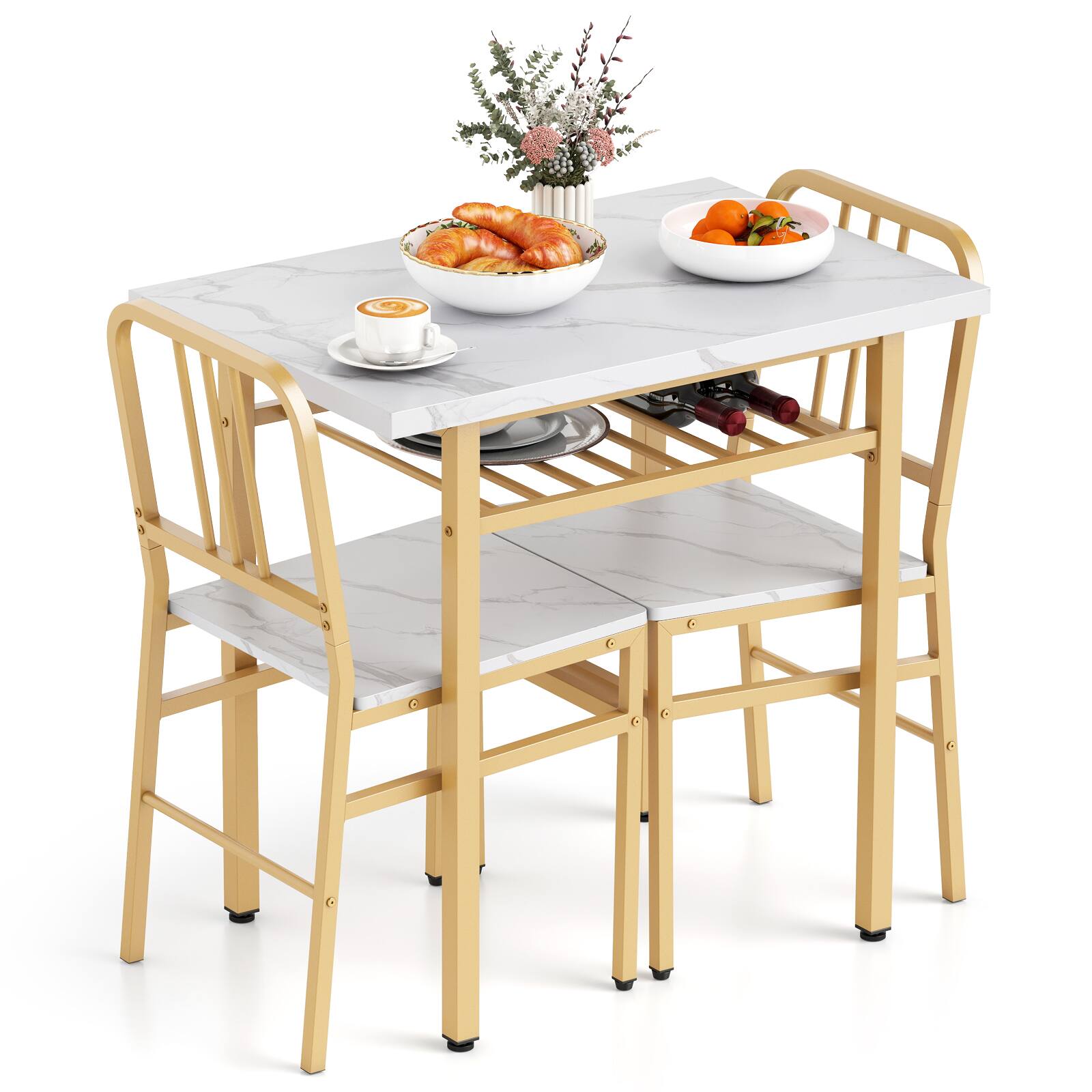 Alt View 9. Gymax - Gymax 3-Piece Rectangular Dining Table&Chairs Set Wooden Breakfast Nook w/Storage Rack White & Gold - White.