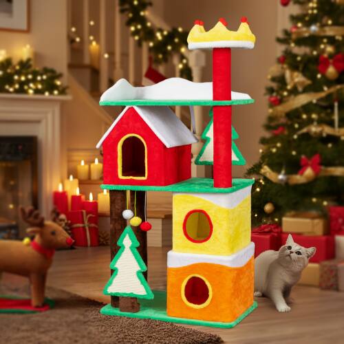 Alt View 10. Winado - 56in Christmas Themed Plush Cat Tower with Condos, Crown Top, Xmas Tree Sisal Scratching Ramps, Hanging Balls for Indoor.