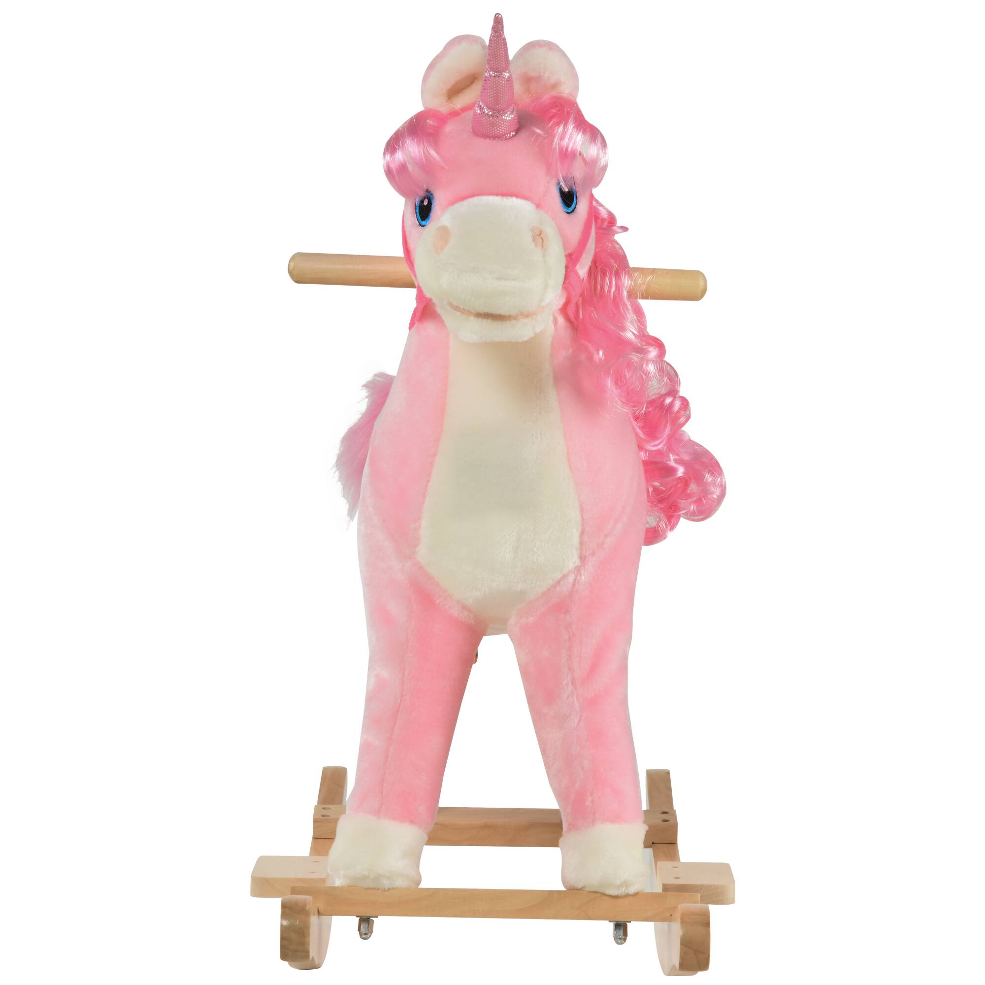 Angle. Siljoy - Unicorn Rocking Horse with Tail Wag, Sounds, Wooden Base, 99lb Load, Pink, Ages 3-6 - Pink.
