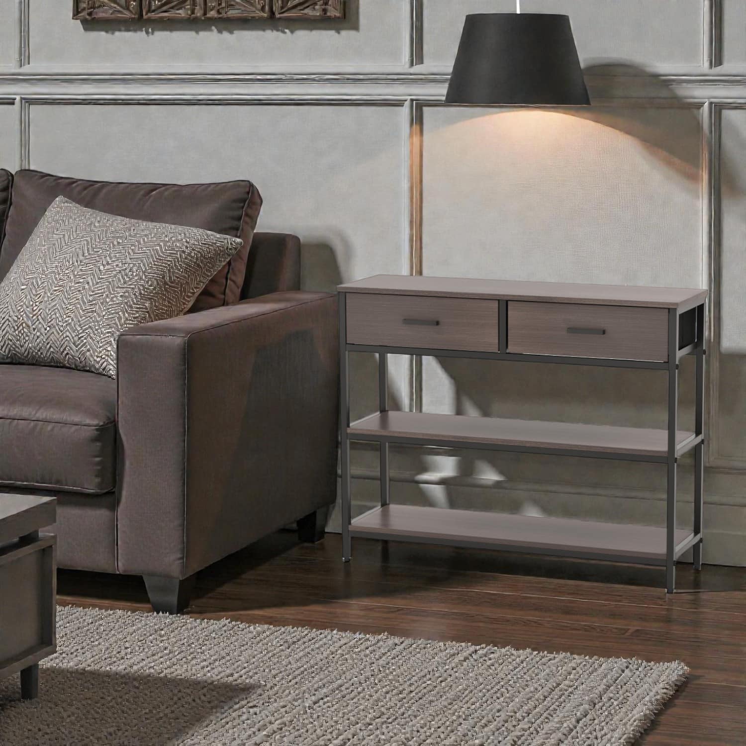 Hivvago - Entryway Console Table with Collapsible Fabric Storage Bins - Gray