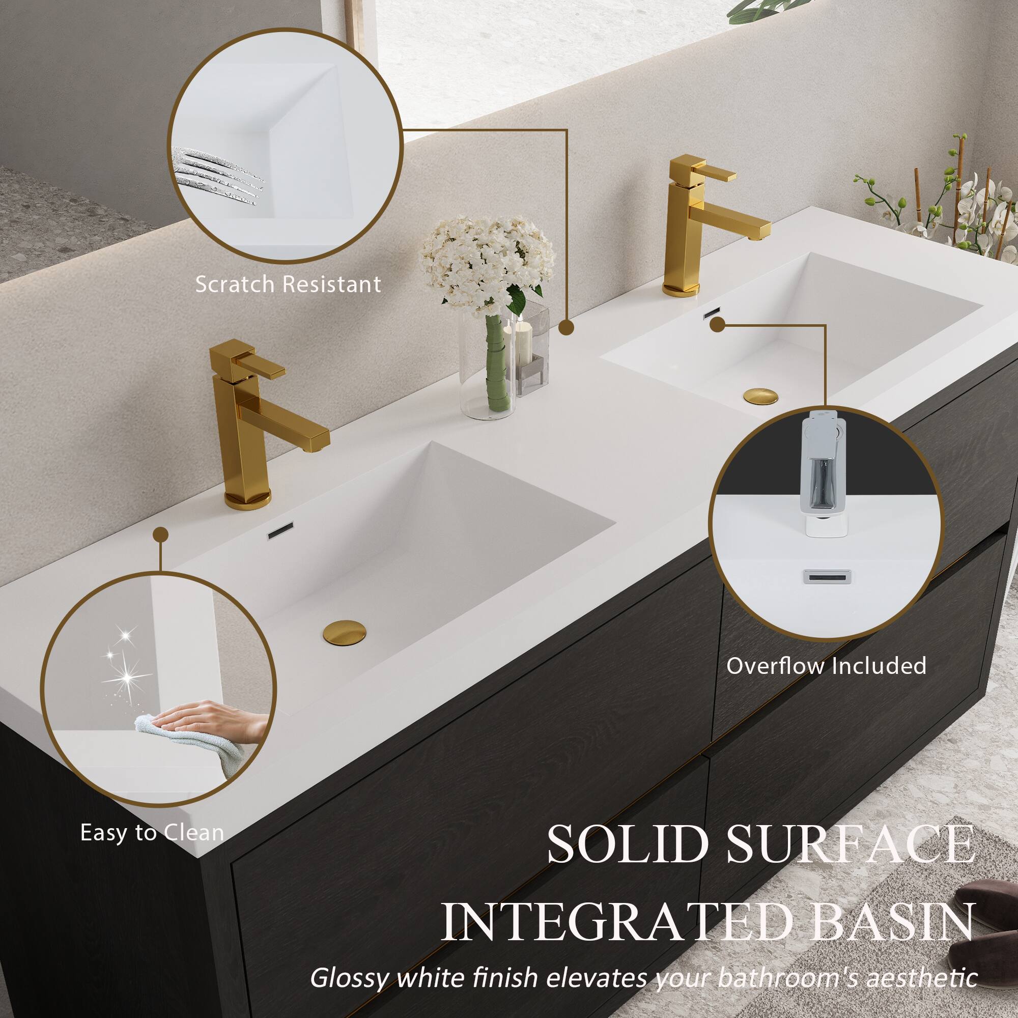 - Scratch Resistant
- Overflow Included
- Easy to Clean

SOLID SURFACE INTEGRATED BASIN

Glossy white finish elevates your bathroom's aesthetic