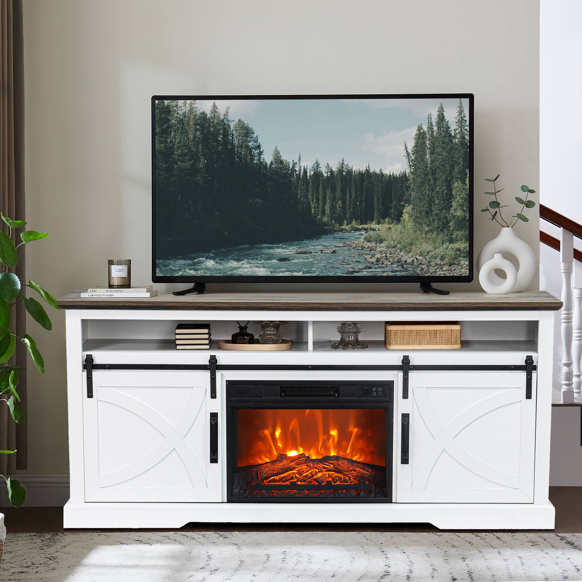 Ihomeadore - 68" TV Stand with Electric Fireplace Media Console for TVs up to 78" - White