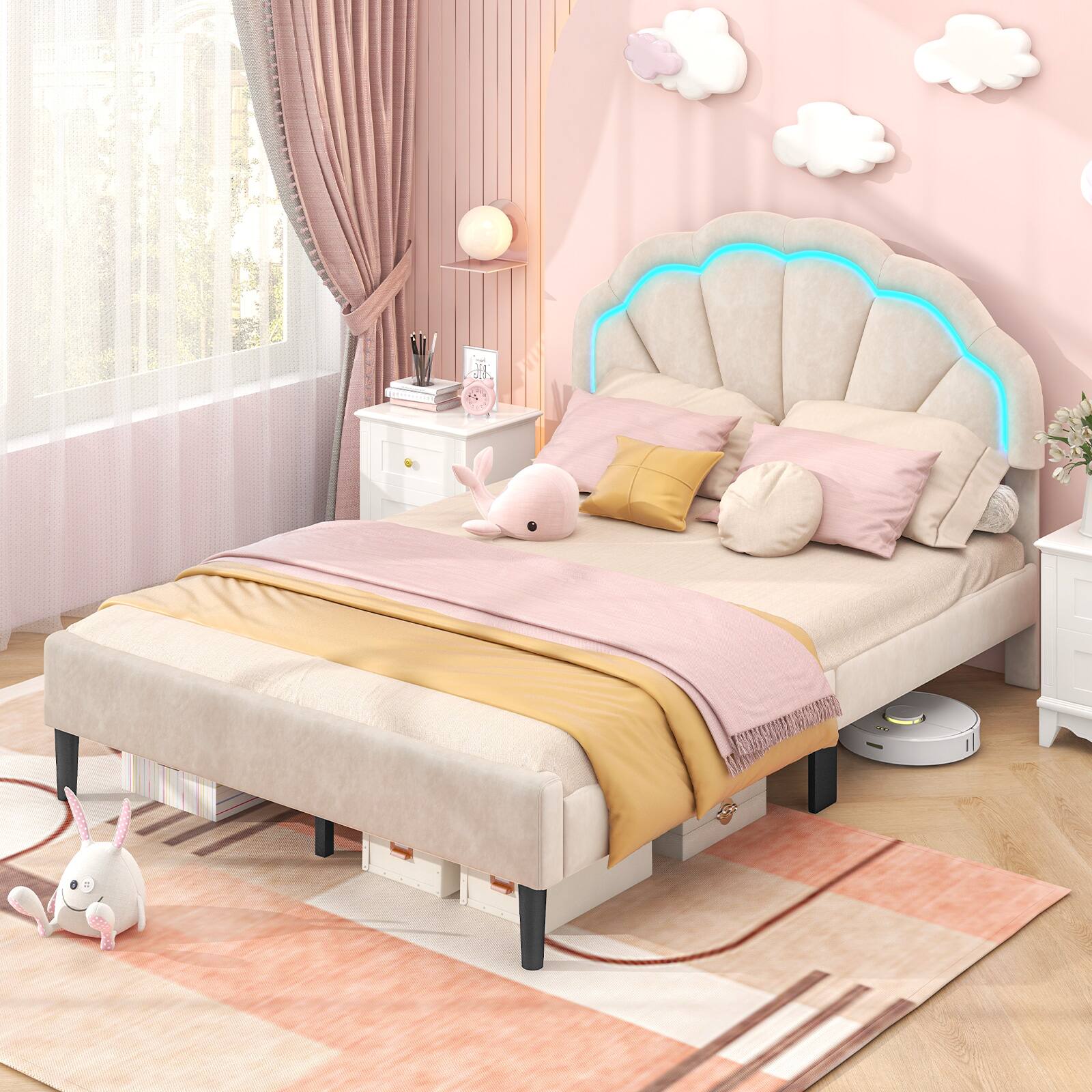 Alt View 1. Costway - Costway Full Size Upholstered LED Bed Frame Soft Velvet Platform Bed with Flower Headboard - Beige.