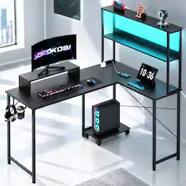 GTPlayer - 53 IN Reversible L-Shaped Gaming Desk with LED Lights, Power Outlets Computer Desk with Hooks and Cup Holder - Black