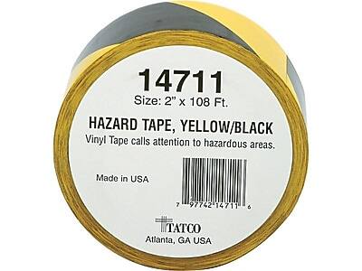 14711  
Size: 2" x 108 Ft.  
HAZARD TAPE, YELLOW/BLACK  
Vinyl Tape calls attention to hazardous areas.  
Made in USA  
TATCO  
Atlanta, GA USA  
7 97742 14711
