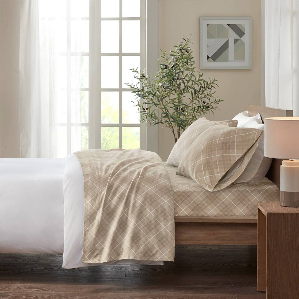 Alt View 1. Gracie Mills - Gracie Mills Persephone Cotton Flannel Sheet Set - Tan Plaid.
