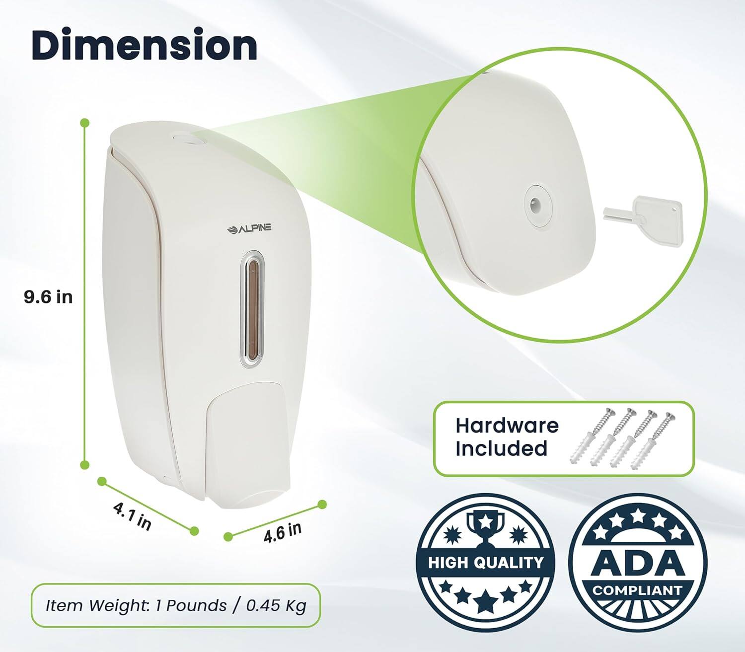 Dimension: ALPINE 9.6 in, Hardware Included, 4.1 in, 4.6 in, Item Weight: 1 Pounds / 0.45 Kg, HIGH QUALITY, ADA COMPLIANT