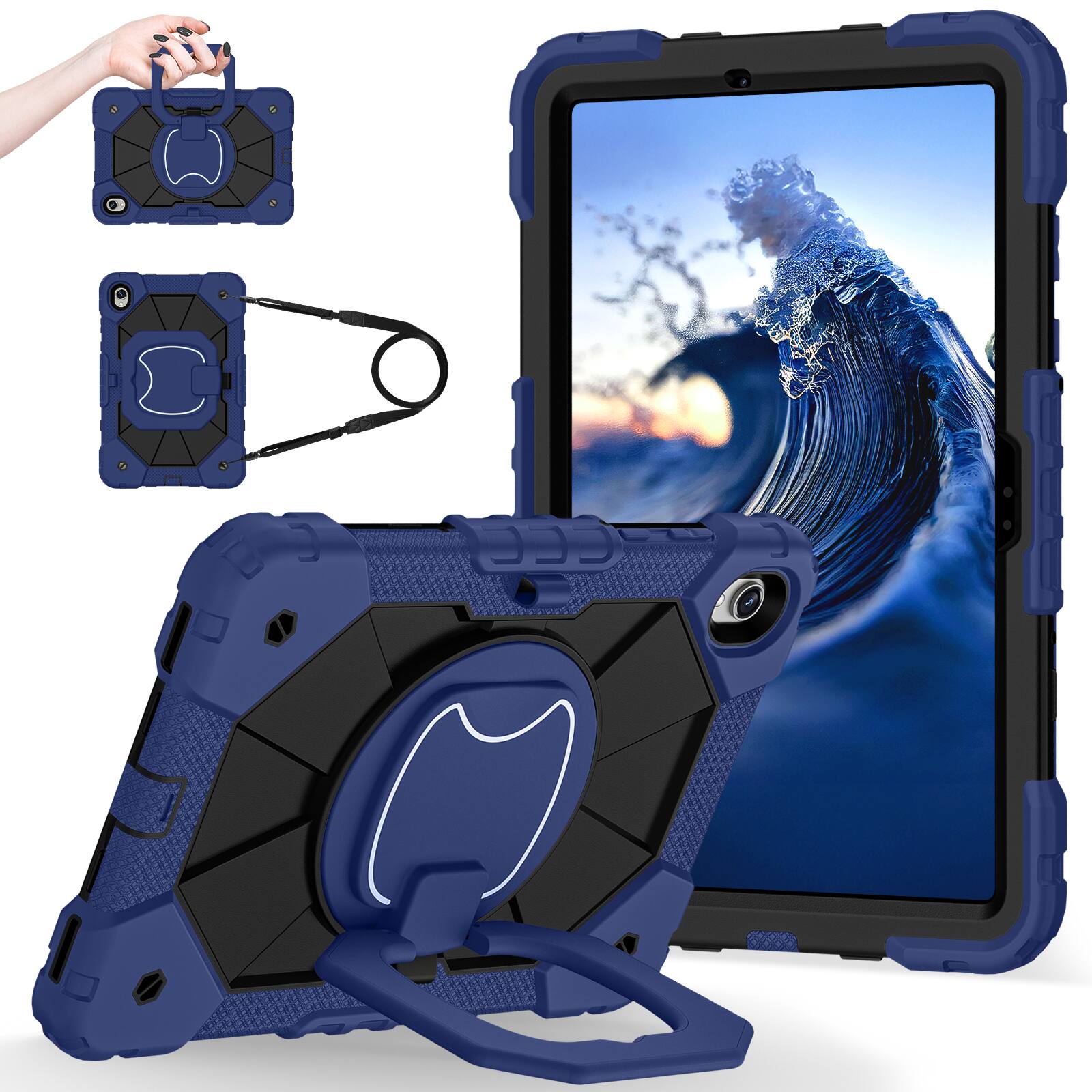 Angle. Dteck - Case for Samsung Galaxy Tab S11 2025 11-inch 3-Layer Rugged Kickstand Handle Grip Cover with Shoulder Strap - Navyblue Black.