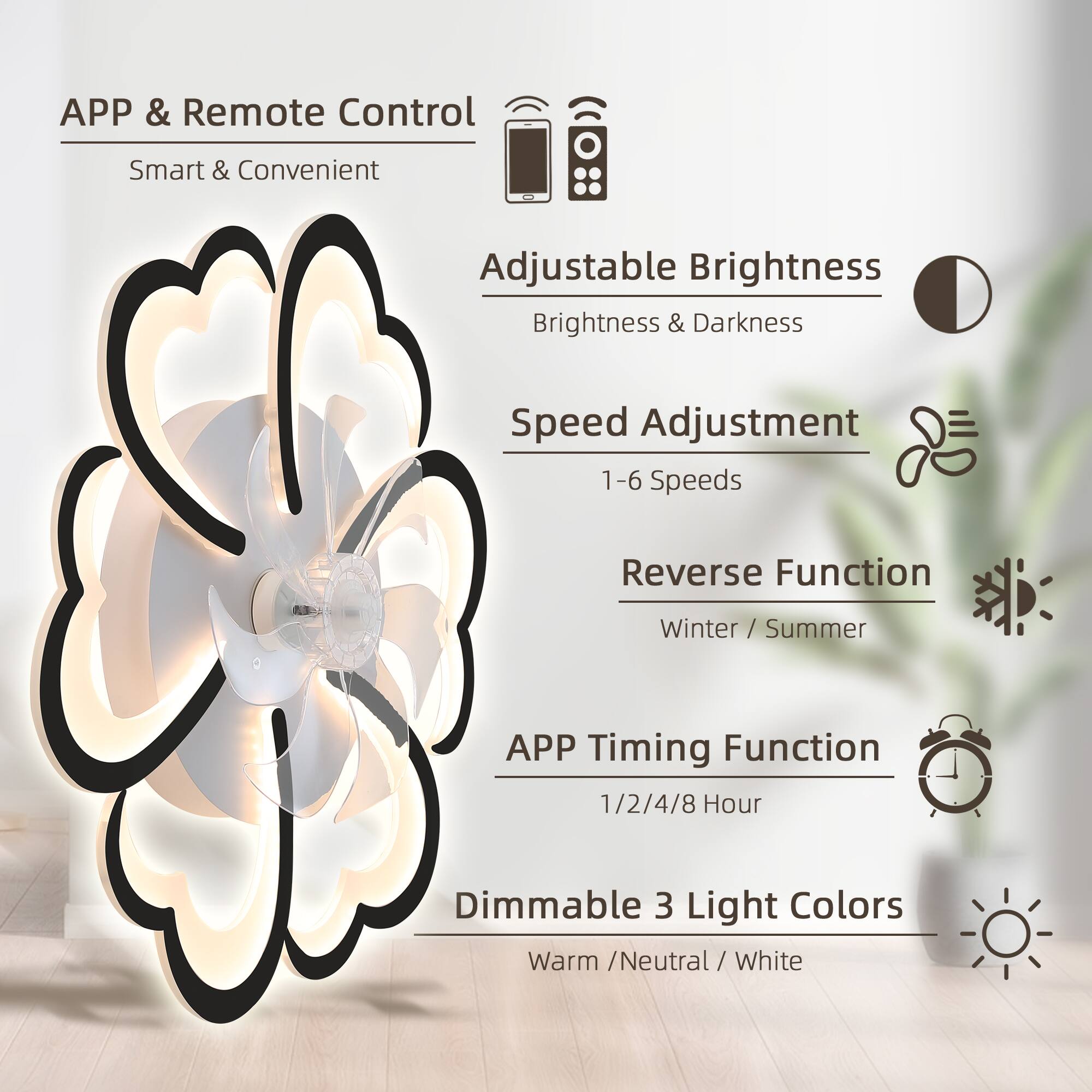 - APP & Remote Control
  - Smart & Convenient

- Adjustable Brightness
  - Brightness & Darkness

- Speed Adjustment
  - 1-6 Speeds

- Reverse Function
  - Winter / Summer

- APP Timing Function
  - 1/2/4/8 Hour

- Dimmable 3 Light Colors
  - Warm / Neutral / White