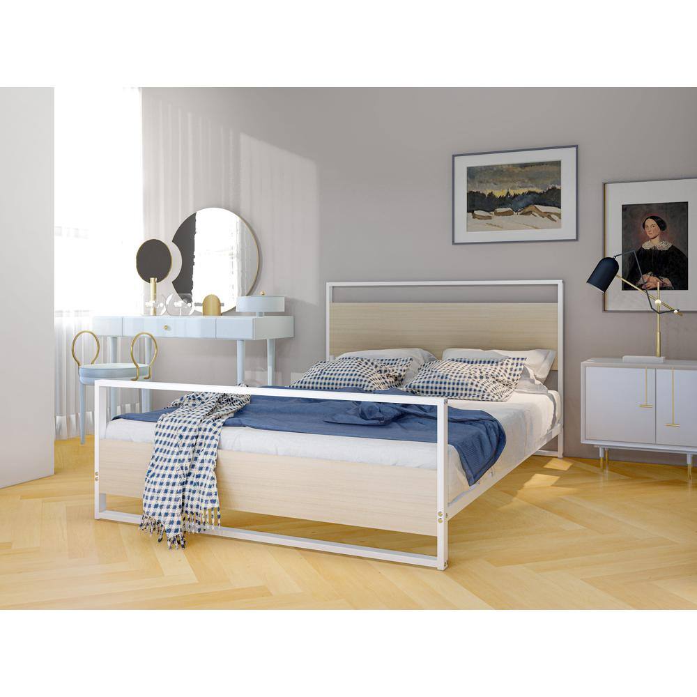Alt View 3. East West Furniture - Erie Platform Bed Frame with 4 Metal Legs - High-class Bed in Powder Coating White Color and White Wood laminate - White.