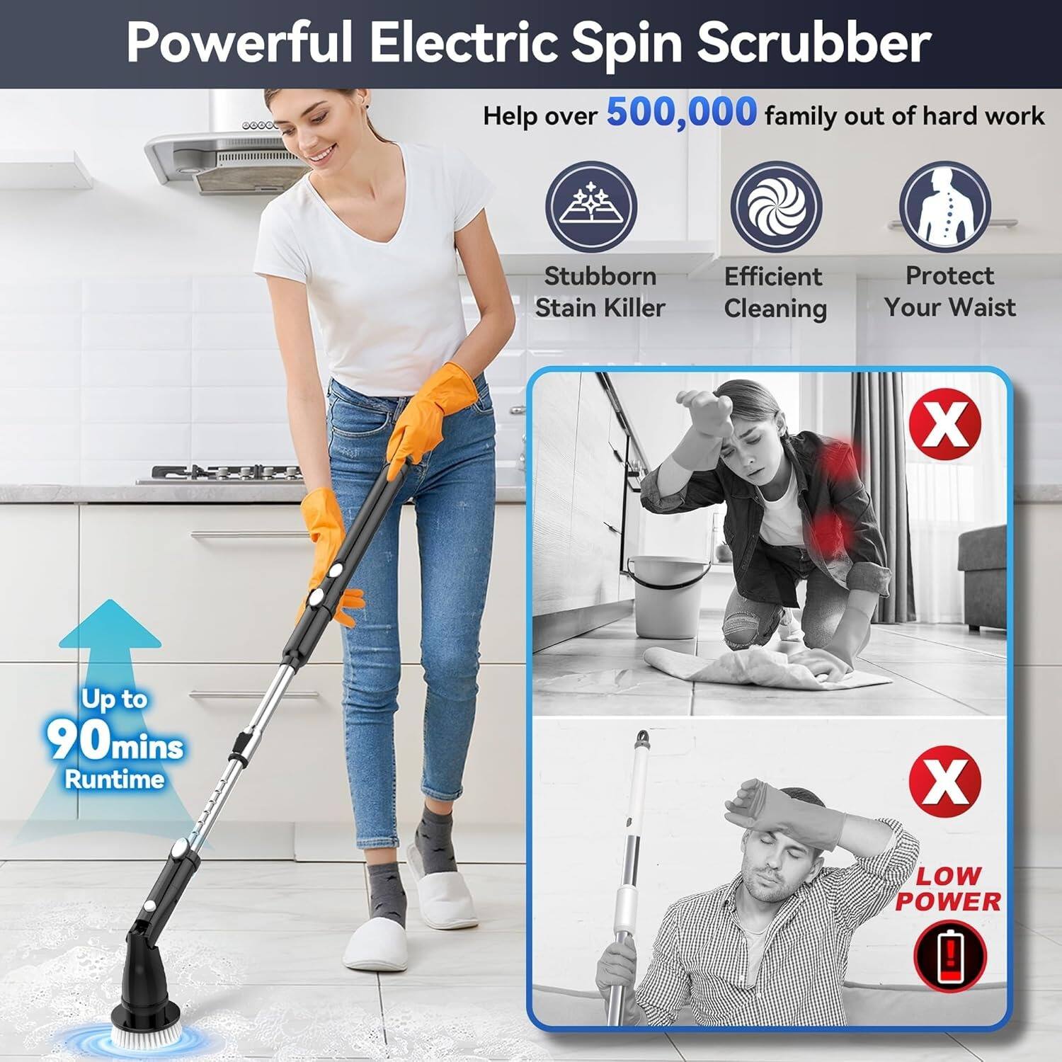 Powerful Electric Spin Scrubber

Help over 500,000 family out of hard work

- Stubborn Stain Killer
- Efficient Cleaning
- Protect Your Waist

Up to 90 mins Runtime

LOW POWER