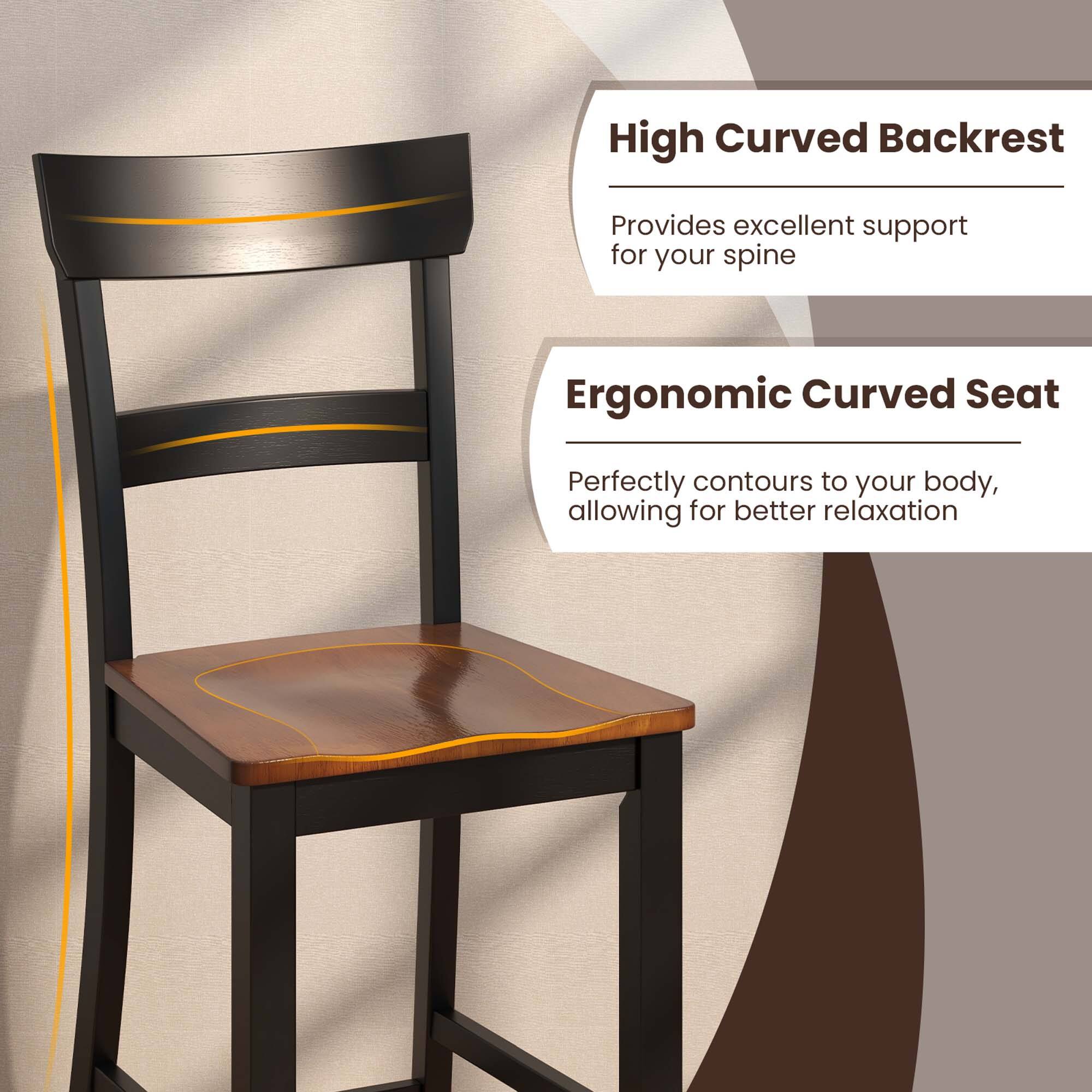 The text on the image reads: "High Curved Backrest Provides excellent support for your spine. Ergonomic Curved Seat Perfectly contours to your body, allowing for better relaxation."