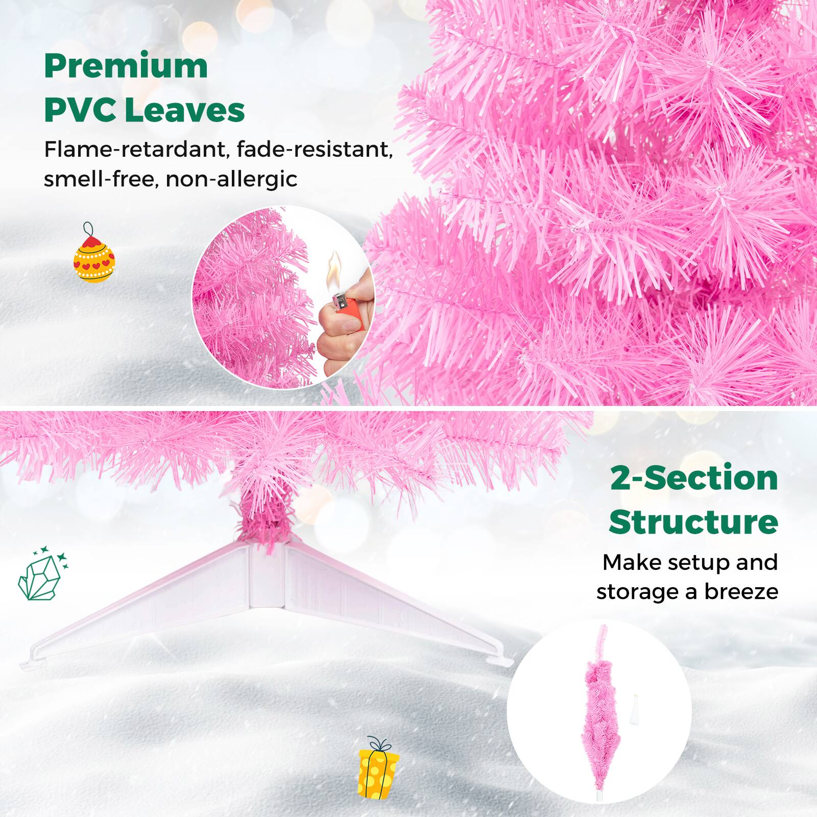 Premium PVC Leaves  
Flame-retardant, fade-resistant, smell-free, non-allergic  

2-Section Structure  
Make setup and storage a breeze